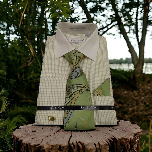 MEN'S KARL KNOX LT. GREEN AND IVORY BOX PATTERN COMBO SET. SX4474. - Picture 1 of 5